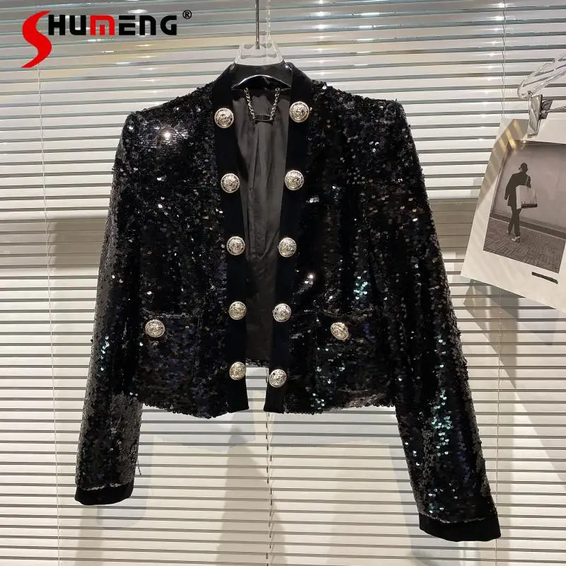 2021 Autumn New Ladies Fashion Simple Sequined Shiny Double Breasted Suit Jacket Women's High Street Solid Color Outerwear&coats