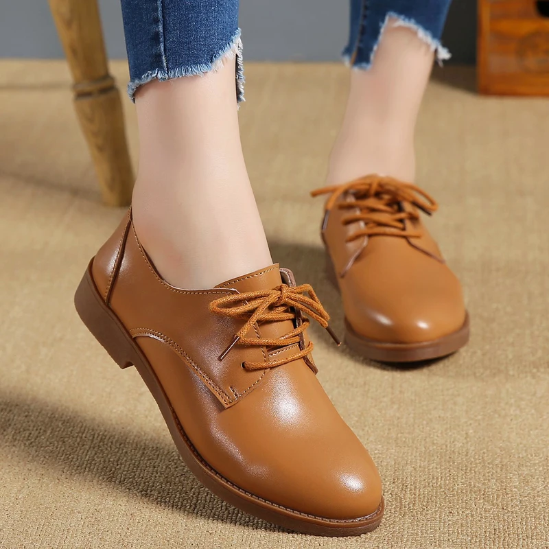Осенние женские туфли оксфорды Балетки на плоской подошве Женская кожаная обувь