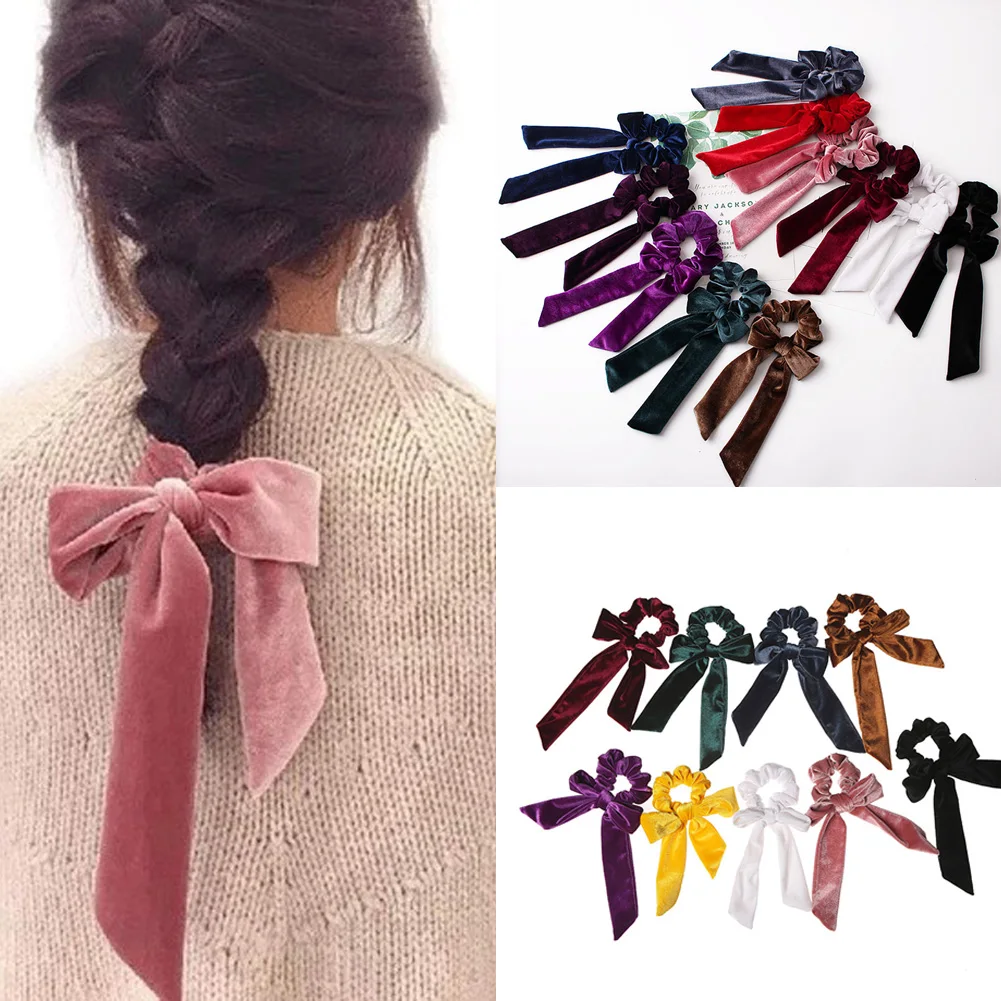 Ladies Soft Velvet Hair Scrunchie Ribbon Girls Ponytail Holder Bow Hair Ties Elastic Hair Bands Elegant Headwear Accessories Red (0)