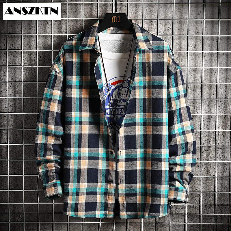 Мужская хлопковая рубашка Повседневная в шотландскую клетку с длинными рукавами