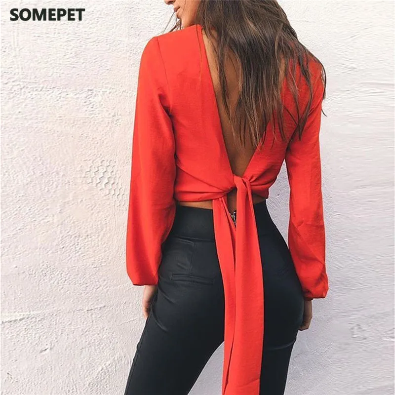 

Sexy Women Ladies Summer Autumn Clothes V neck Long Sleeve Bandage Blouse Tops Backless Tops Shirt Casual Blouse Red Black White