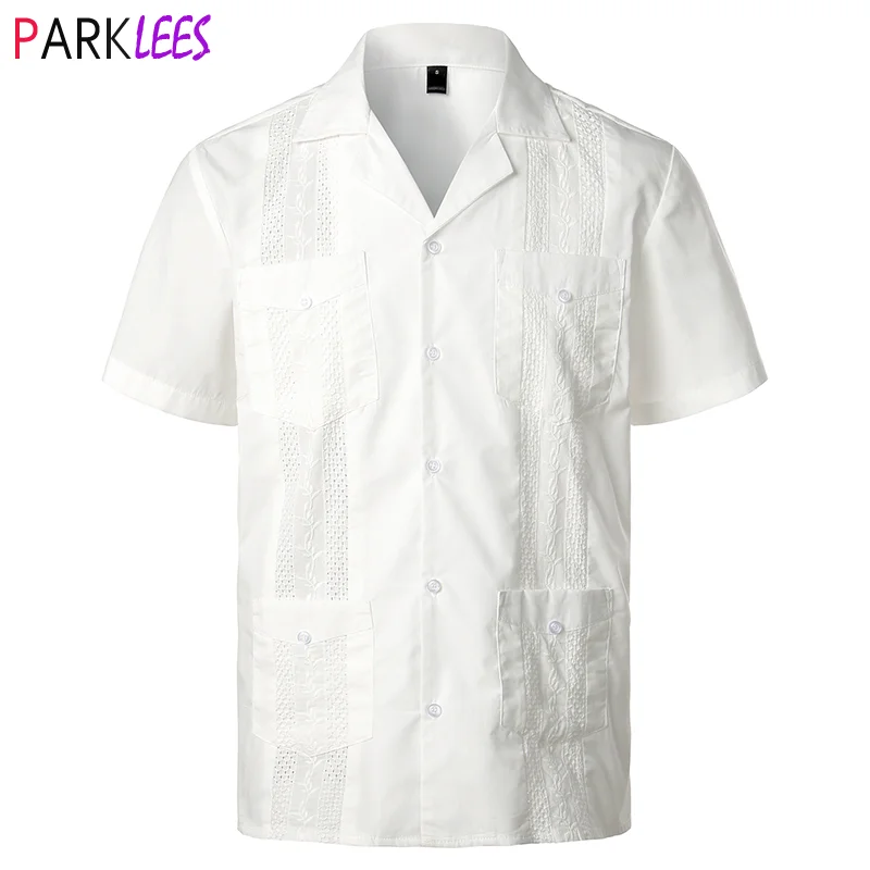 Camisa blanca de campamento cubano para hombre, camisa de playa con bordado elegante, con botones, estilo caribeño mejicano, 2XL