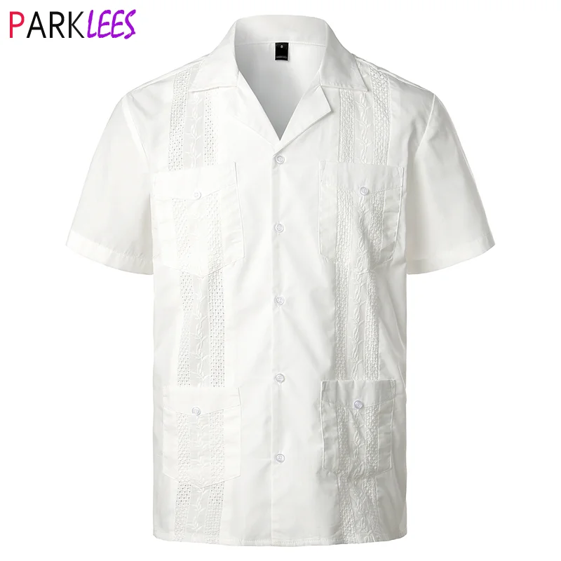 Белая рубашка Guayabera мужская с вышивкой тканая на кнопках Пляжная 2XL|Повседневные