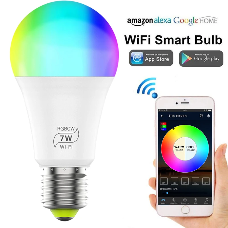 

Wi-Fi, умный светильник лампочка E27 цветная (RGB) Светодиодная лампа работа с Alexa Google Home AC100-240V 7 Вт RGB + C + W светодиоидная лампа с регулируемой яркос...