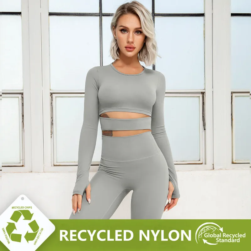 

2021 New Seamless Recycled Nylon Yoga Sets Women Gym Clothes Sportswear Fitness Long Sleeve Crop Top Workout Leggings Sport Set