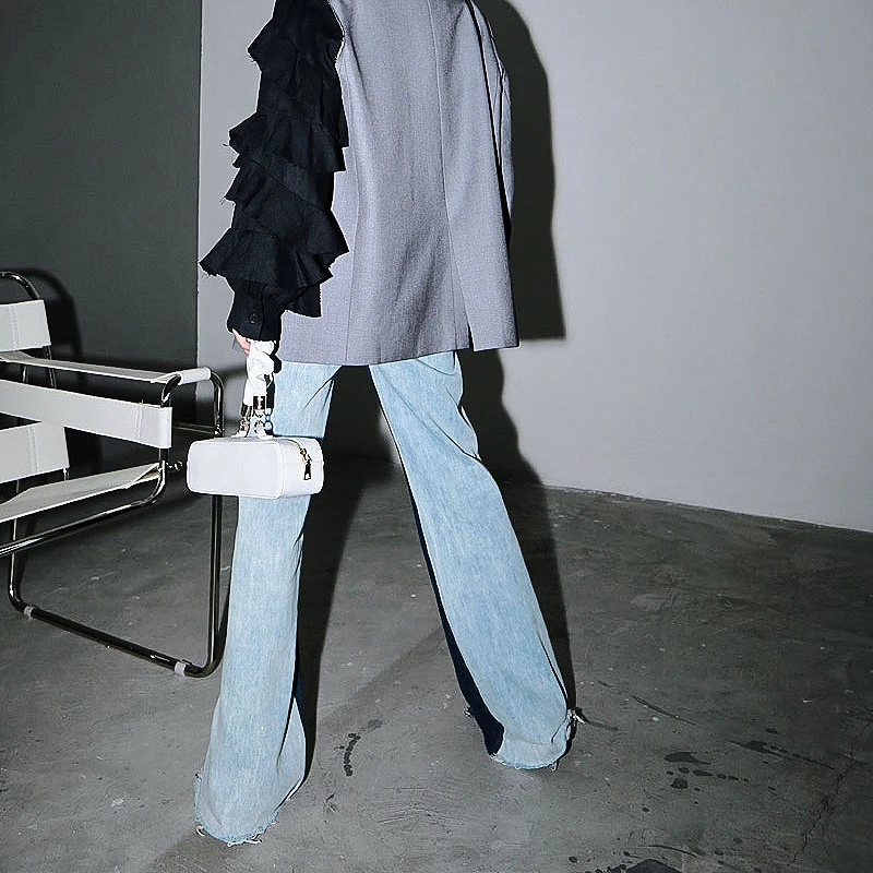 

GALCAUR Blue Trousers For Women High Waist Patchwork Hit Color Loose Full Length Split Wide Leg Pants Female 2020 Autumn Clothes