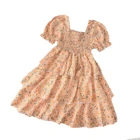 Детское эластичное платье с коротким рукавом, квадратным вырезом и цветочным принтом