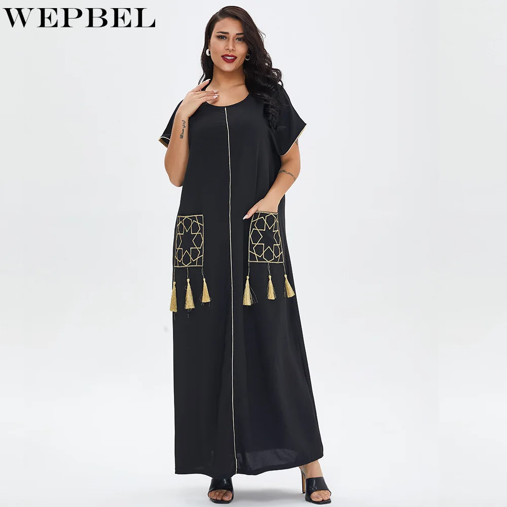 

WEPBEL Muslim Robe Summer Fashion Print Pocket Stitching Tassel Dress Women's Casual Short Sleeve O-Neck Loose Dubai Dress