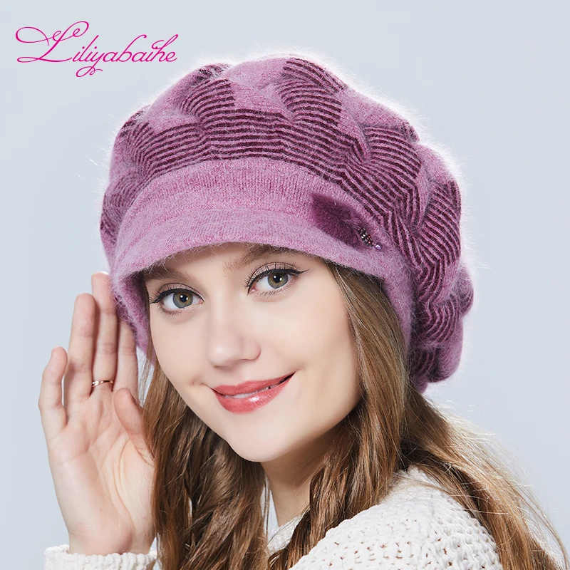 женская зимняя шапка Шерсть ангора Шапка с козырьком Вязаная Украшение из норки