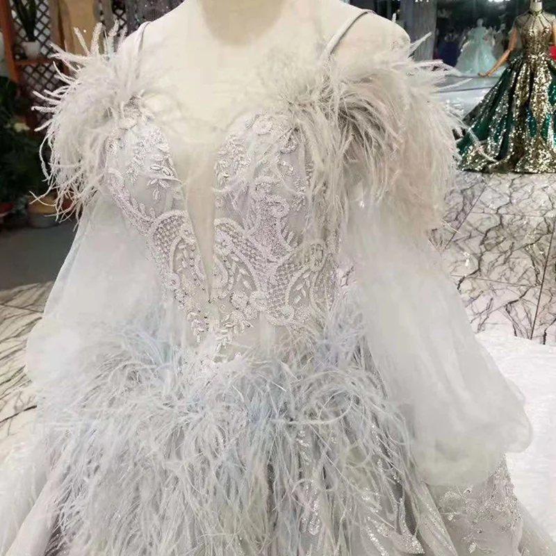 LSS324 серое вечернее платье с перьями страуса милое Пышное длинными рукавами