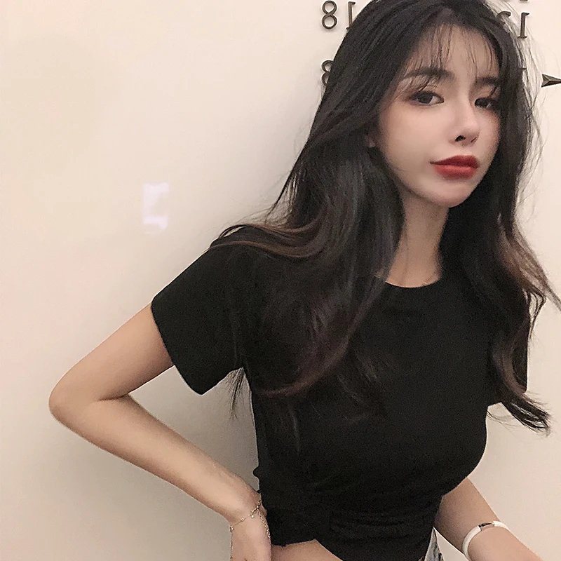 

Women's Korean-Style Irregular Short-Sleeved T-shirt 2021 New Trendy Summer All-Matching Slim Fit Short Bottoming Shirt Ins Top