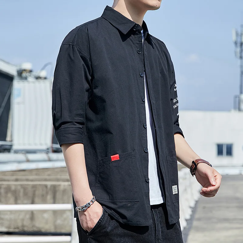 

Spring and autumn Korean fashion 7-point SHIRT COTTON slim casual military work clothes wear solid color shirt fashion men's