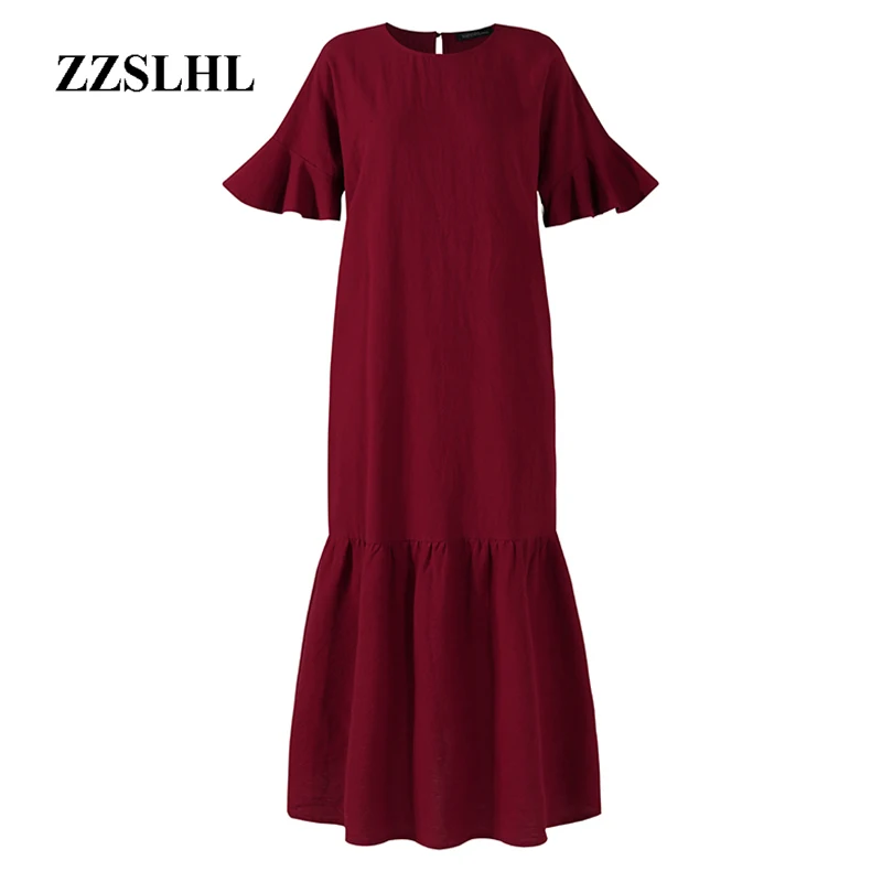 

2020 Summer Solid Sundress Fashion Ruffles Long Dress ZANZEA Women Short Butterfly Sleeve Cotton Linen Vestidos Kaftan S 5XL