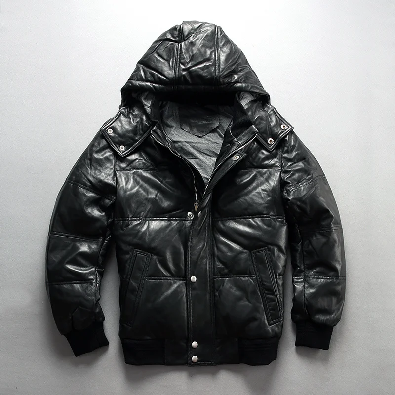 

Мужской пуховик из натуральной кожи, черный однотонный пуховик из овечьей шкуры, повседневная короткая куртка, для зимы