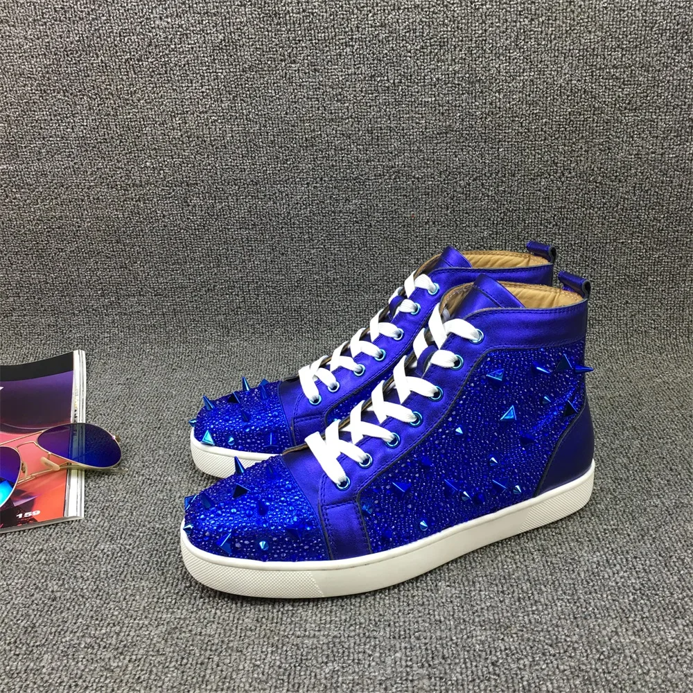 

Luxury Designer with Rivets High Tops Women Men Shiny Crystal Decor Sneakers Red Bottom Laces Flat Punk Casual Flat Skate Shoes