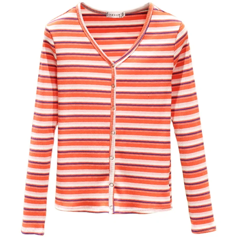 Женская футболка JMPRS в радужную полоску осенняя трикотажная с V-образным вырезом