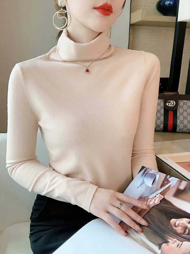 

White high collar Pullover women's sweater 2020 new autumn winter all over the body slim and lazy wind T-shirt