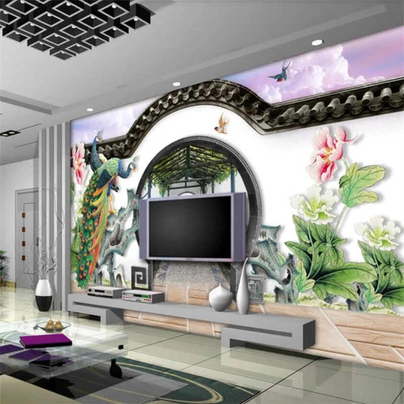 Обои beibehang под заказ павлин 3d садовые круглые двери луна дверь пион диван фон для