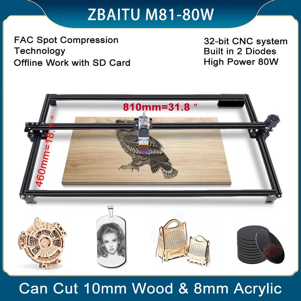 ZBAITU-máquina de grabado láser M81-80W CNC, grabador para madera/Metal, WIFI, Control fuera de línea, Lightburn, LaserGRBL