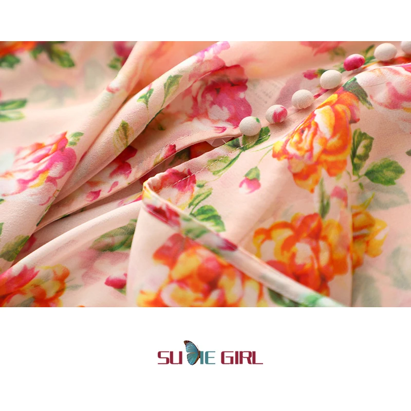 

SUDIE Girl Idyllic girl silk floral tea break skirt Holiday style slim dress, summer short-sleeve V-neck dress