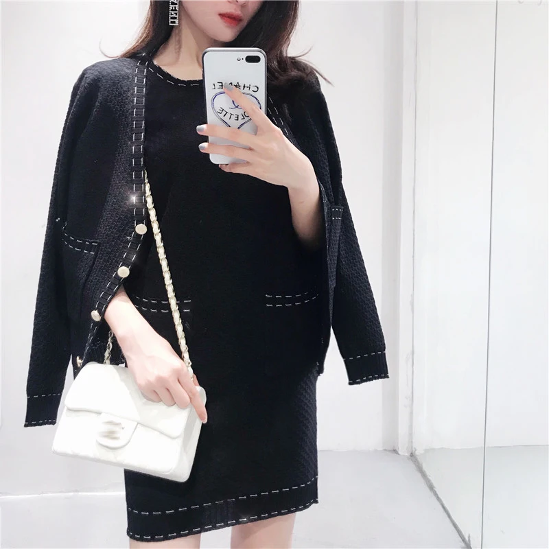 Женский трикотажный комплект из 2 предметов однобортный кардиган с V образным