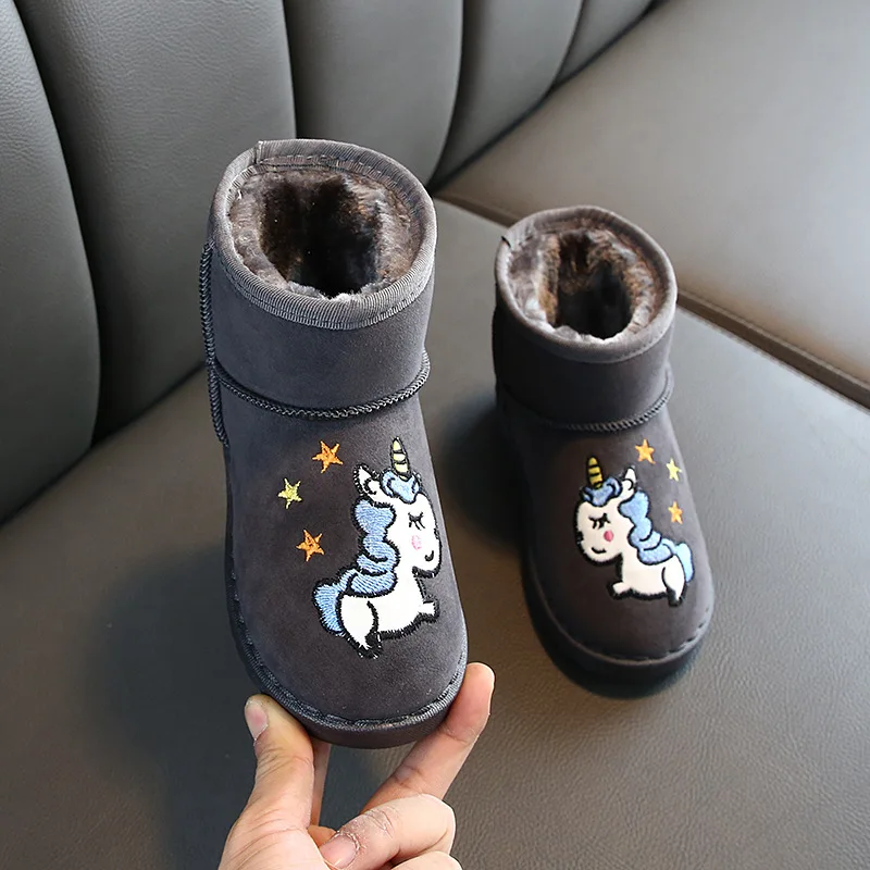 Детские зимние ботинки с единорогом для девочек детские мультяшной вышивкой