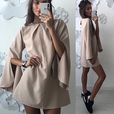 Khaki Элегантные мини-платья Женские однотонные свободные манжеты летнее платье с разрезом от бедра дамское вечернее платье Винтаж o-образным вырезом Повседневное платье пляжные платья Новинка - Цвет: Khaki