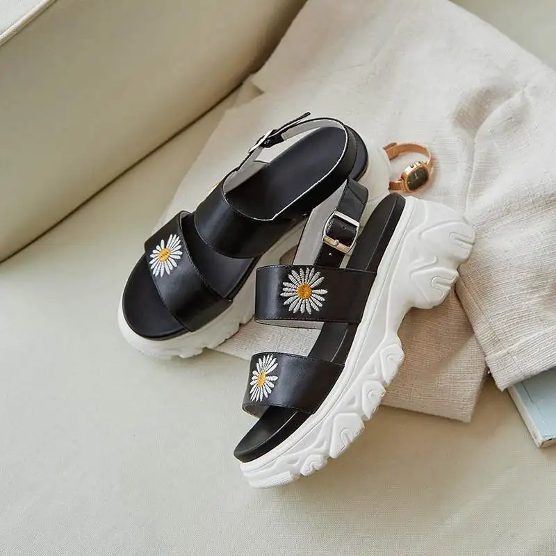 

Vichelo Hot new genuine leather peep toe high heels summer shoes flower decorations Korean street pretty girls sandals women L30