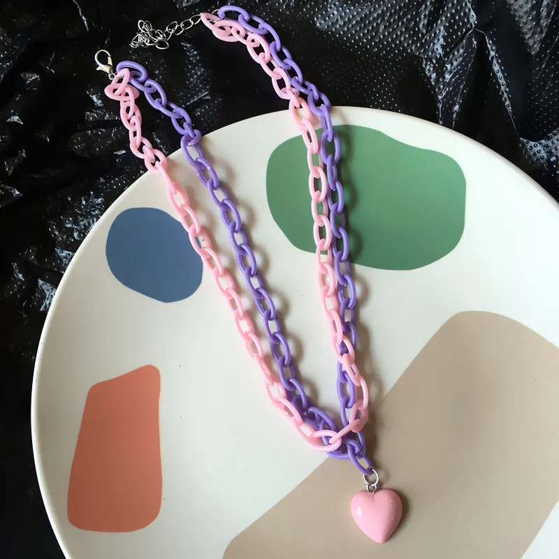 

Candy Color Necklace Love Heart Shaped Acrylic Pink Chain Necklace Women's Girls Sweet and Cute Multilayer Necklace Jewelry Gift