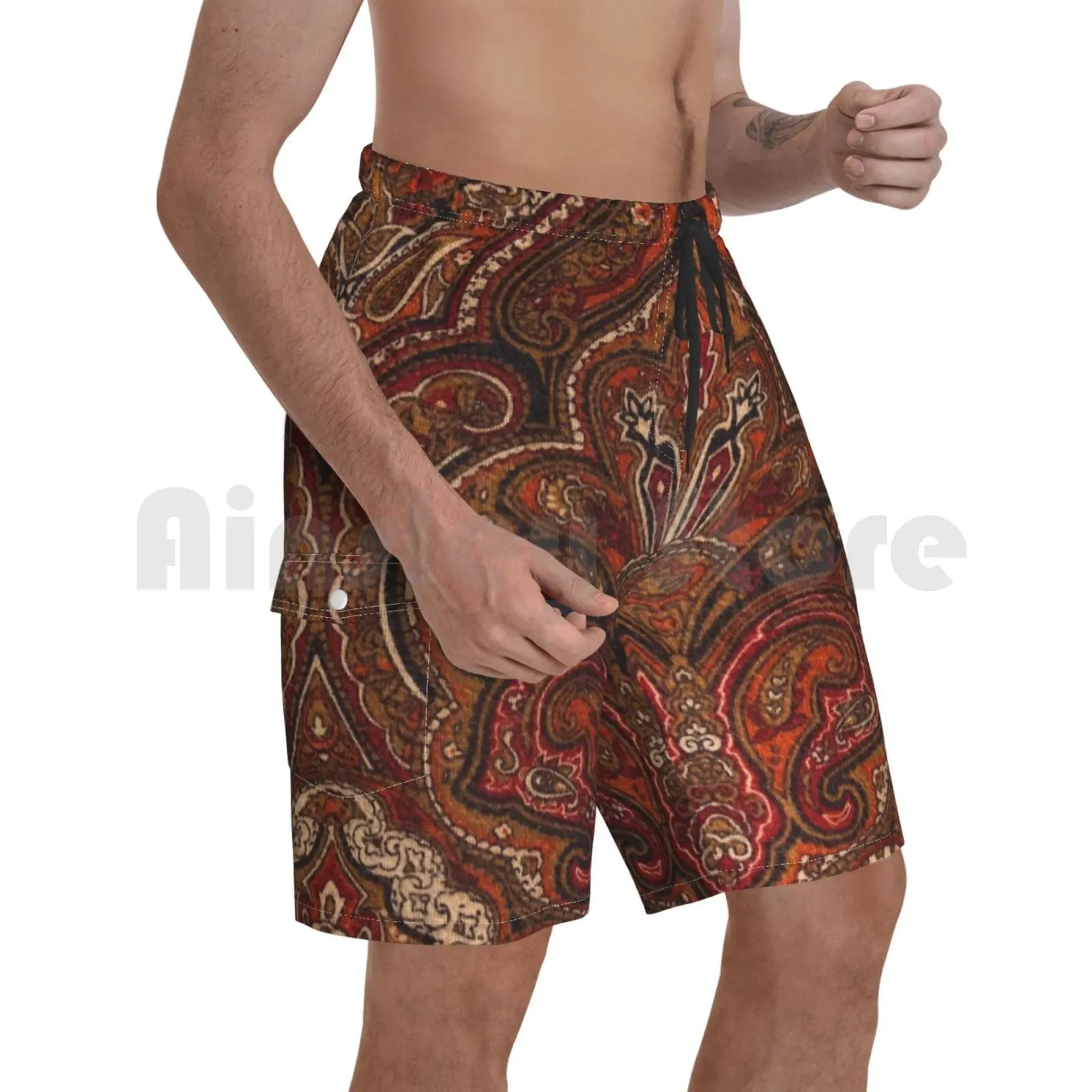 

Vintage Paisley Like Pattern Beach Shorts Men Beach Pants Swim Trunks Vintage Retro Paisley Pattern Brown Burnt