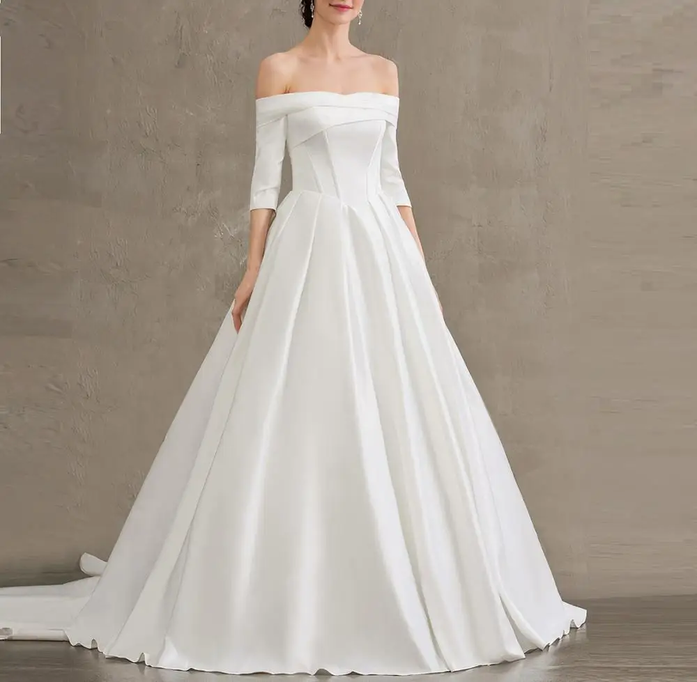 

Women's wedding dress plus size off shoulder half sleeve satin bridal Muslim wedding gown luxury wedding dress custom made