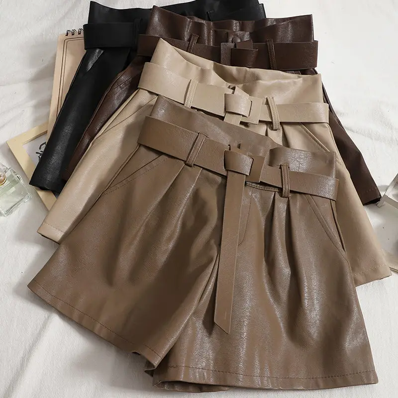 

Korean Simple Straight Shorts Womens Autumn New Temperament Pure Color PU Leather Pants Lady High-waist Wide-leg Short Pant e315