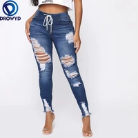 sexy light blue ripped jeans for women 2021 street style sexy mid rise distressed trouser stretch skinny hole denim pencil pants