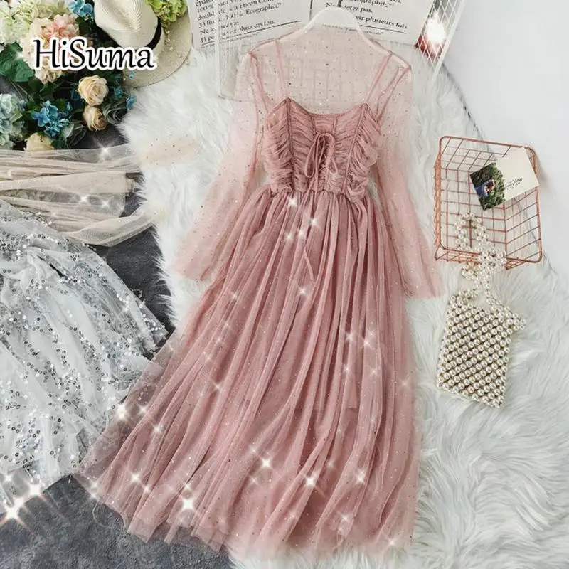 

HISUMA 2020 spring autumn new female chic o-neck lace-up A-line mesh dress two-piece sets women's sequined gauze bling dresses