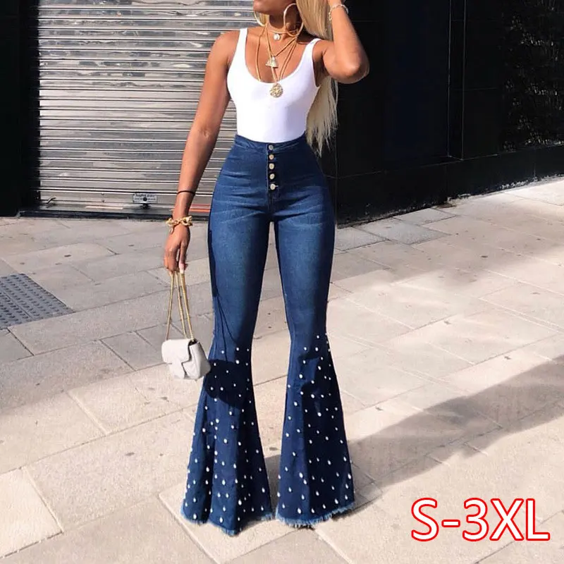 

Vintage Women Beading Denim Pants Flare Trousers High Waist Jeans Fashion Elastic Bell-bottoms Chic Streetwear Jeans Woman