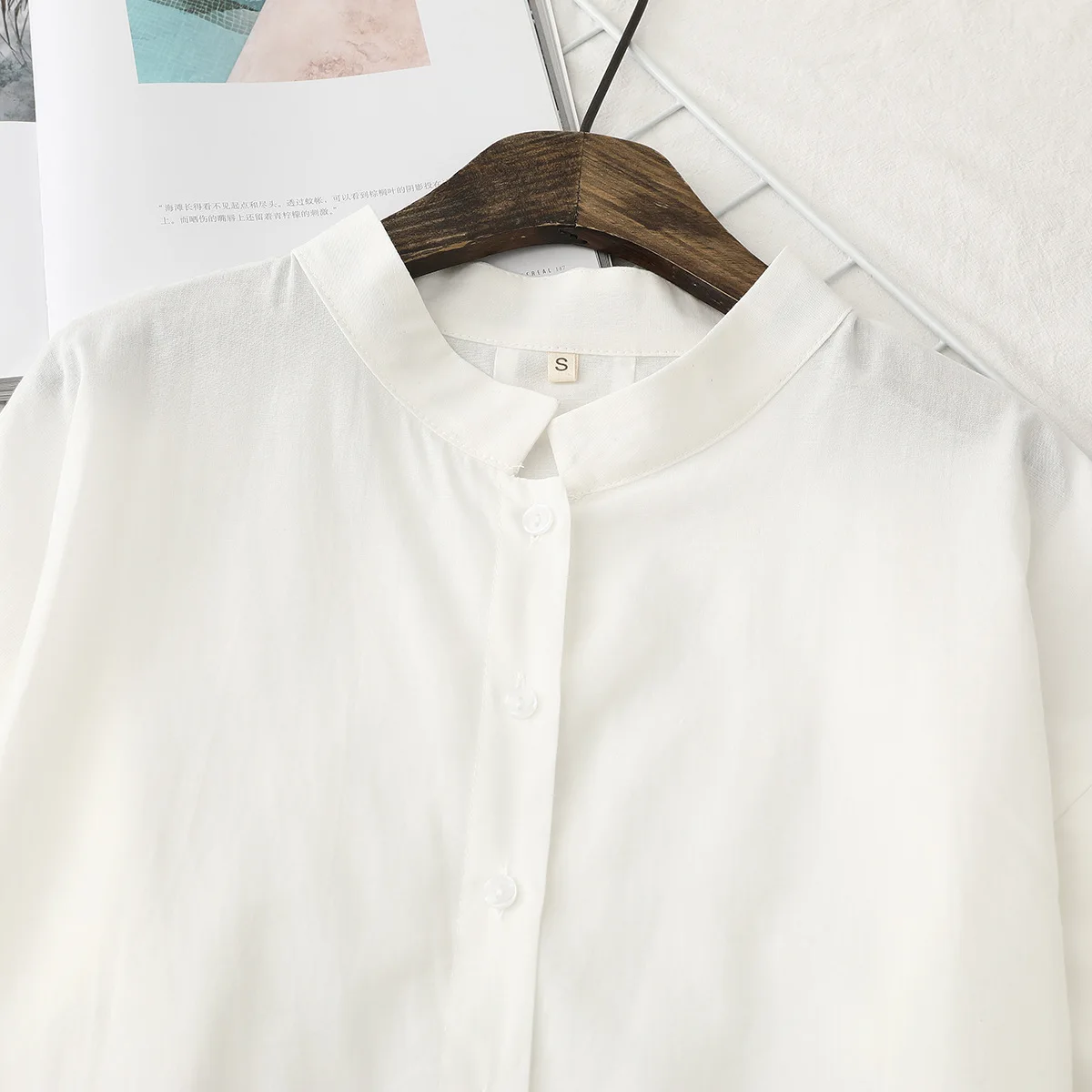 

Women New Summer Solid Color Short Sleeve Shirts Fashion Stand Collar Dropped Shoulder Literary Loose Shirt Female Casual Blusas
