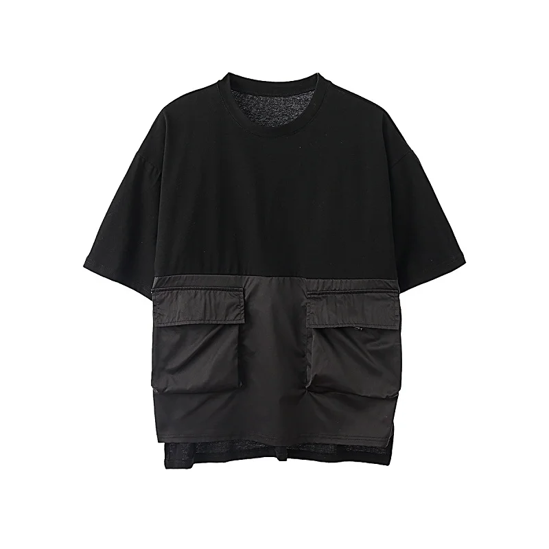 

Male Streetwear Hip Hop Loose Tee Shirt Men Pocket Splice Japan Karajuku Streetwear Short Sleeve T-shirt
