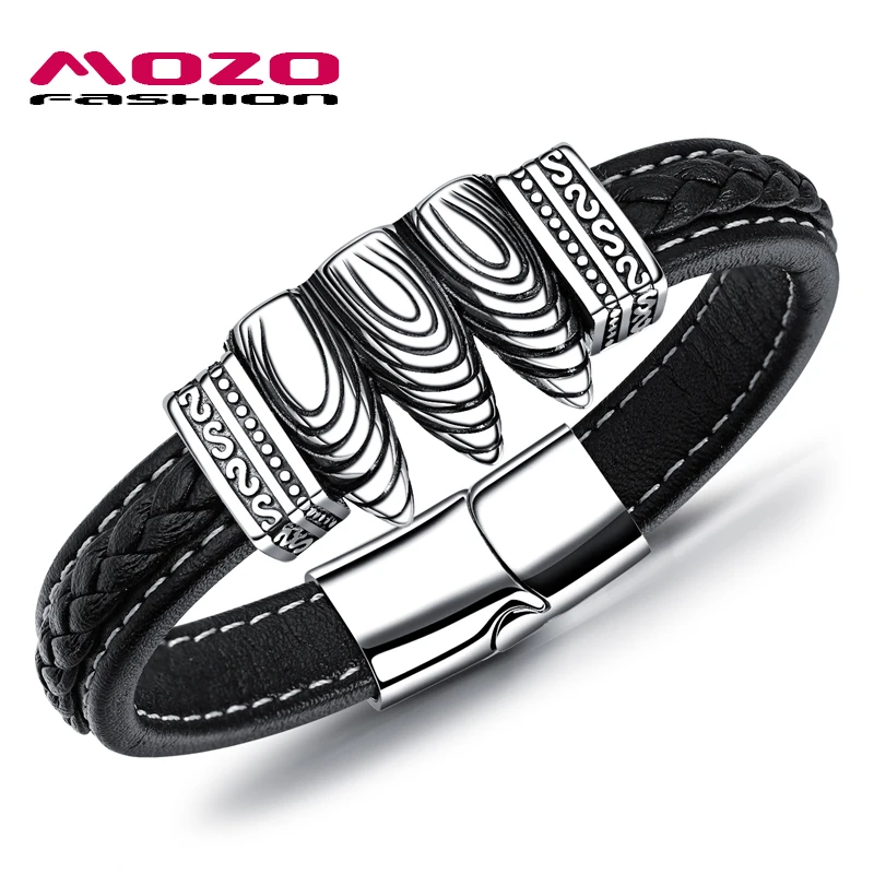 

Fashion Male Jewelry Bullet Black Weave Leather Bracelet Stainless Steel Magnetic Men's Punk Bangle