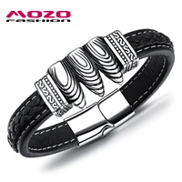fashion male jewelry bullet black weave leather bracelet stainless steel magnetic mens punk bangle