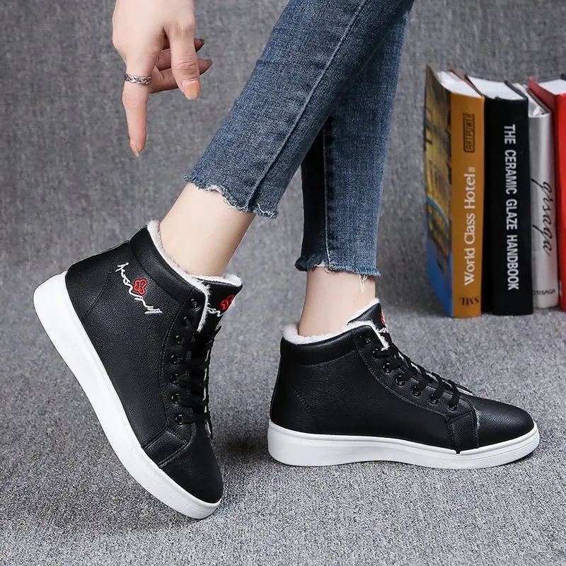 

Snow Booties Solid Woman Winter 2020 New Comfortable Ankle Lace Up Female Shoes Leather High Top Sneakers Boots Women's Shoes