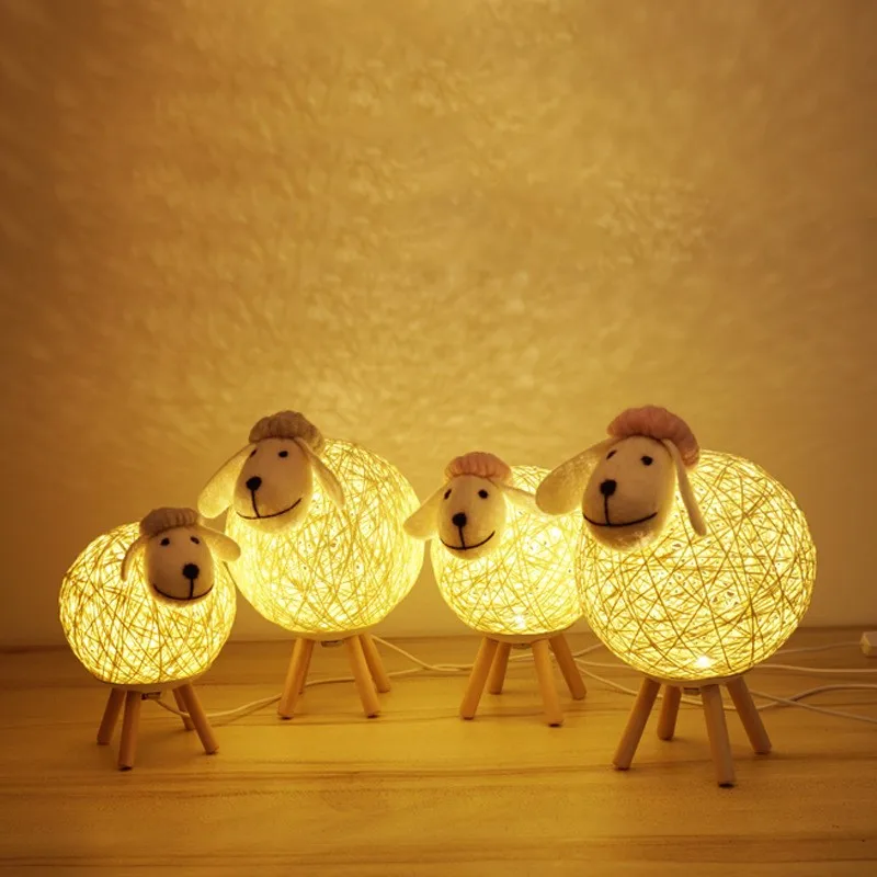 Sheep LED Night Light Hand-woven Lampshade Moon Lamp Remote dimming Sleep Bedroom Bedside Kawaii Room Decor Animals Table Lamp
