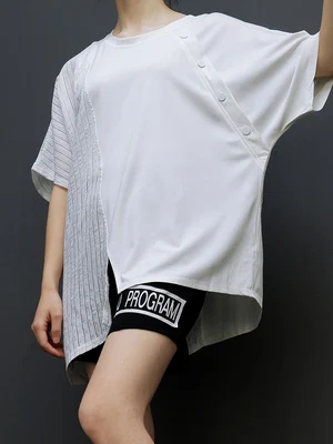 Большая Асимметричная футболка с разрезом вертикальной полоской прошитая