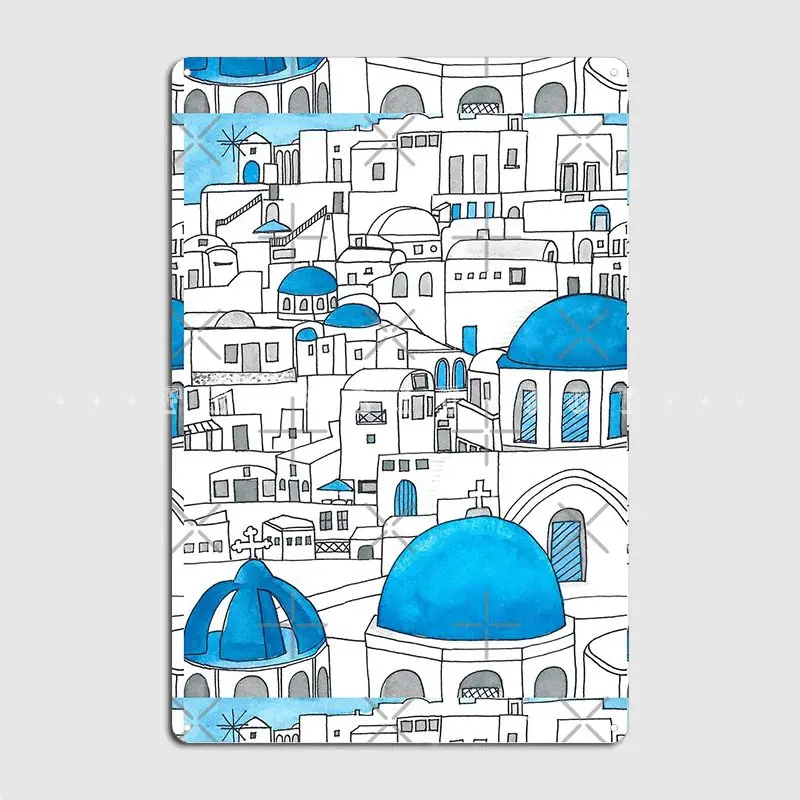 

Santorini Blue And White Paradise Metal Sign Wall Pub Party Retro Plates Tin Sign Poster