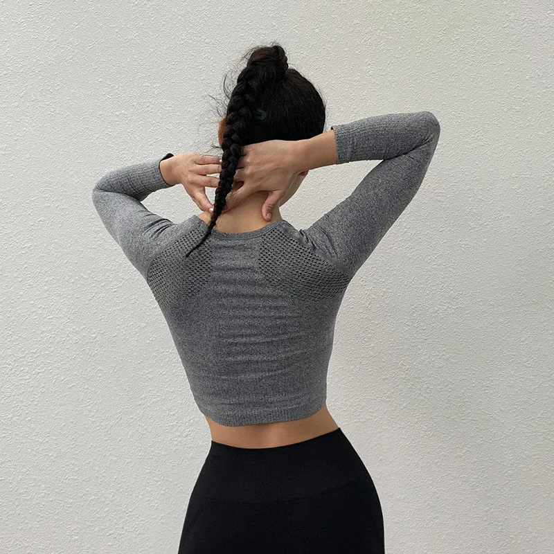 Women Round Neck Long Sleeve Yoga  Shirts  Solid Color Sexy Exposed Navel Fitness Gym Crop Top Quick Dry Running Sportswear