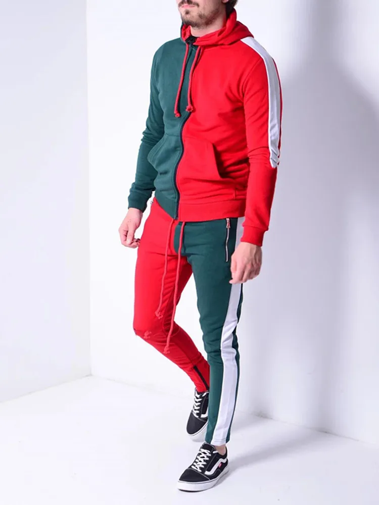 Men's Patchwork suits Outdoor training hooded coats casual sweatpants two-piece High quality Fitness brand clothing | Мужская одежда