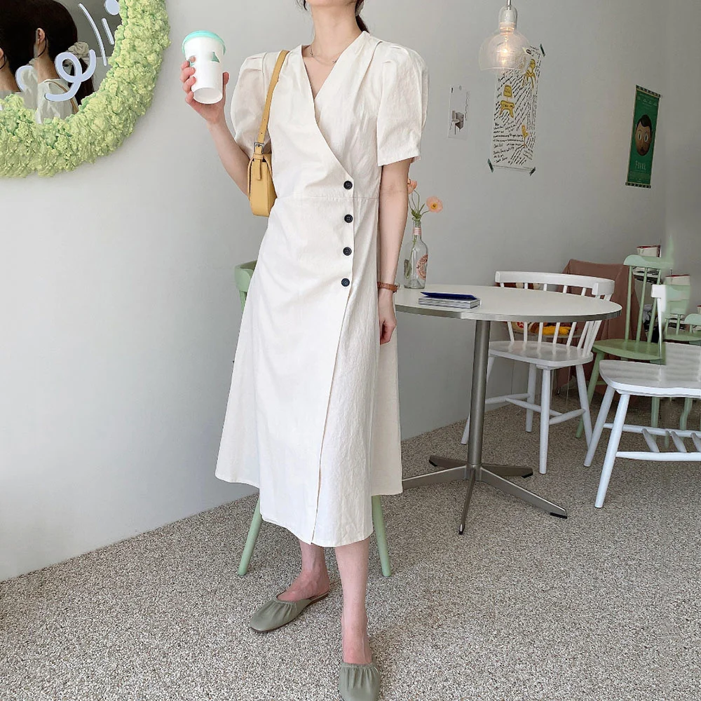 

Женское платье в японском стиле, корейское модное повседневное простое дизайнерское элегантное платье на пуговицах с V-образным вырезом и п...