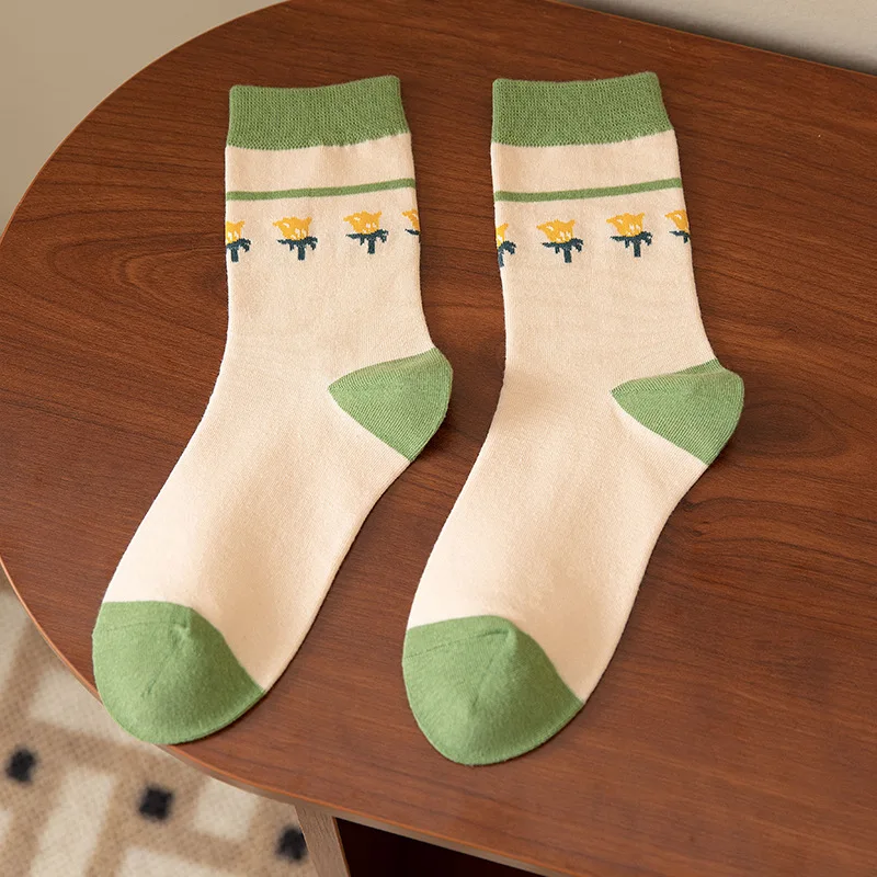 5Pairs Embroidery Deer Socks Women Japanese Korean Loose Socks Green Cartoon Floral Student Fashion Cotton Long Sox Warm Autumn