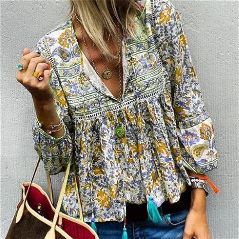 5 цветов длинный рукав v-образный вырез высокая талия РЕТРО ПРИНТ свободная