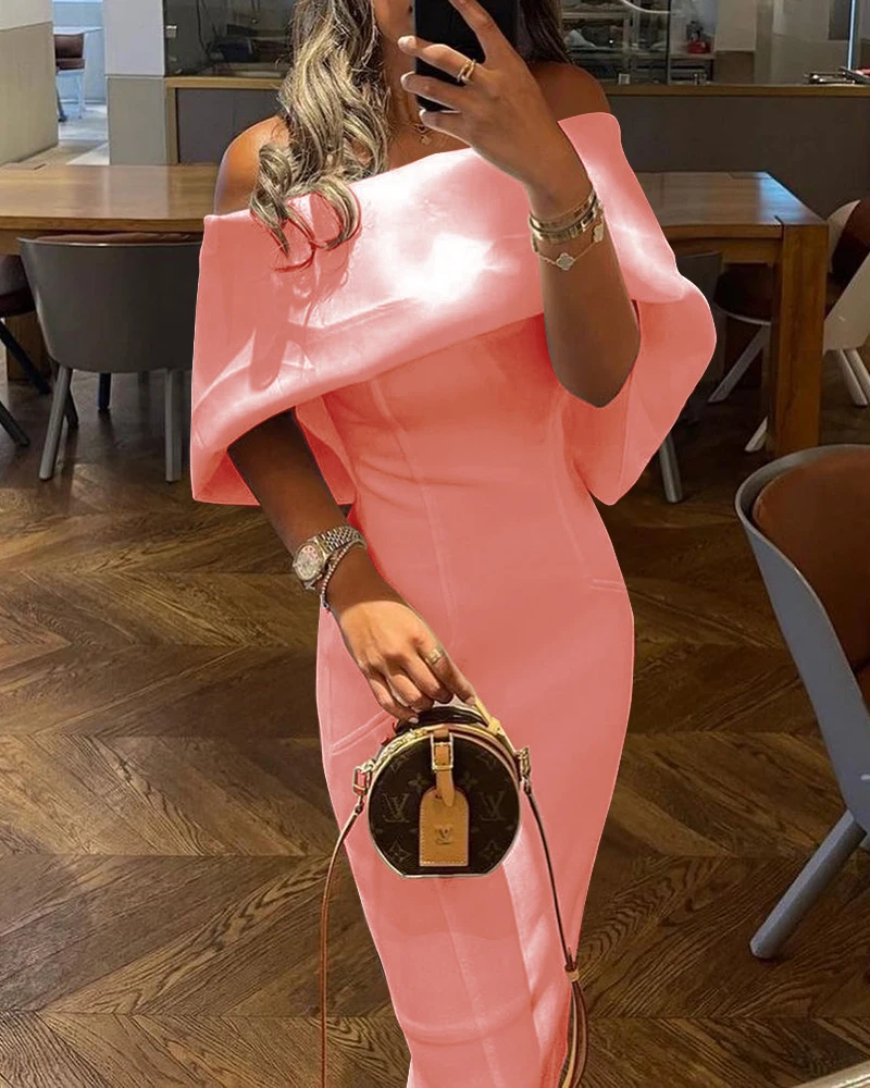 

Women Casual Solid Color Long Dress Elegant Off Shoulder Cape Design Skinny Party Dress Autumn Fashion Back Bow Dress Vestido