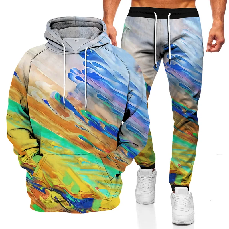 

2021 new spring and autumn men's sweater suit men's pullover 2 piece hoodie + trousers fashion splash ink sportswear